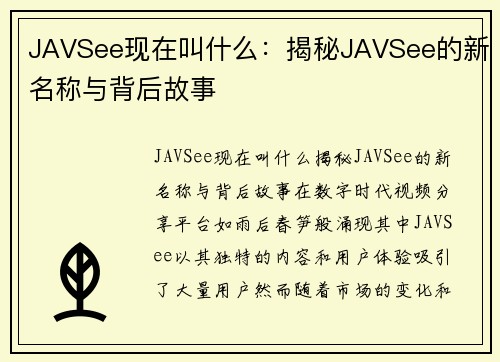 JAVSee现在叫什么：揭秘JAVSee的新名称与背后故事